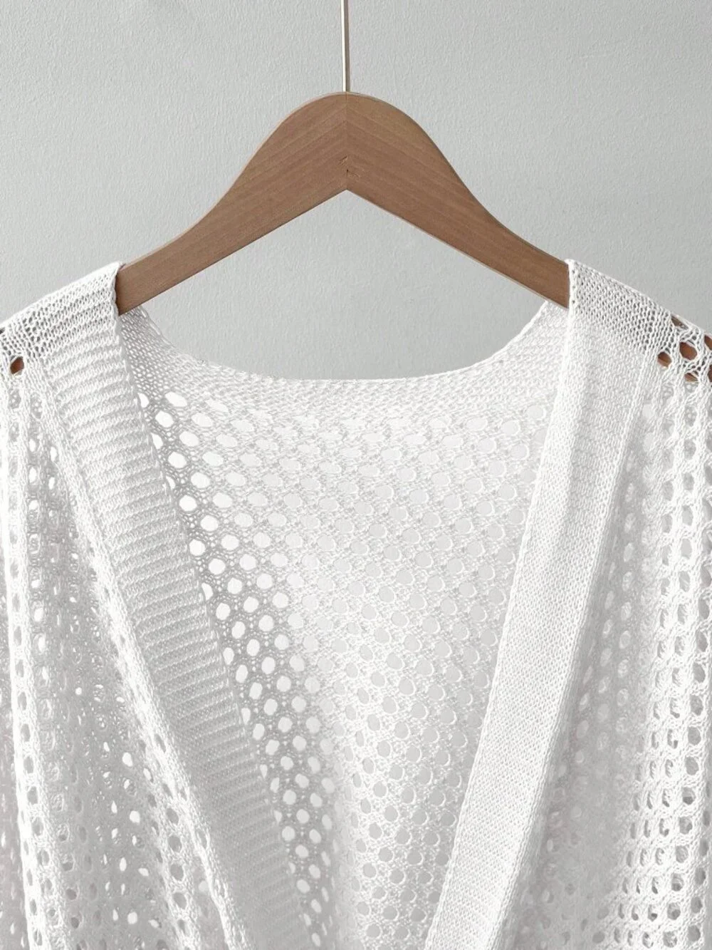 White Casual Women's Hollow V-Neck Tie Front Loose Versatile Sexy Cardigan